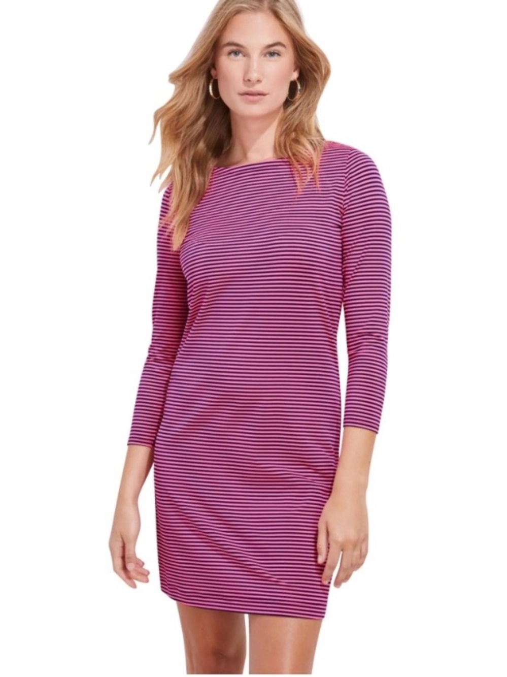 Vineyard Vines Pink and Navy Sankaty Striped Boatneck Long-Sleeve Midi Dress